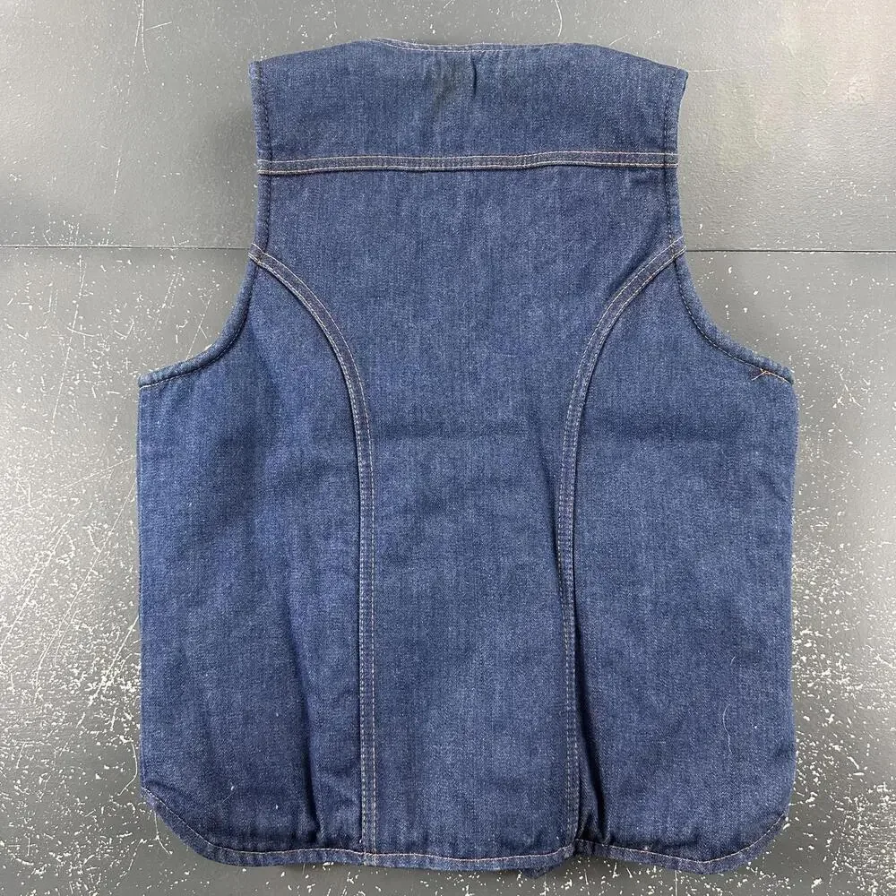 VTG Wrangler Denim Vest Womens Large Mens Small Dark Wash Sherpa Lined Western - Picture 6 of 7